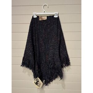 Sally Nielsen Original Sparkle Knit Poncho Cape Fringe Navy Scarf Shawl, Women